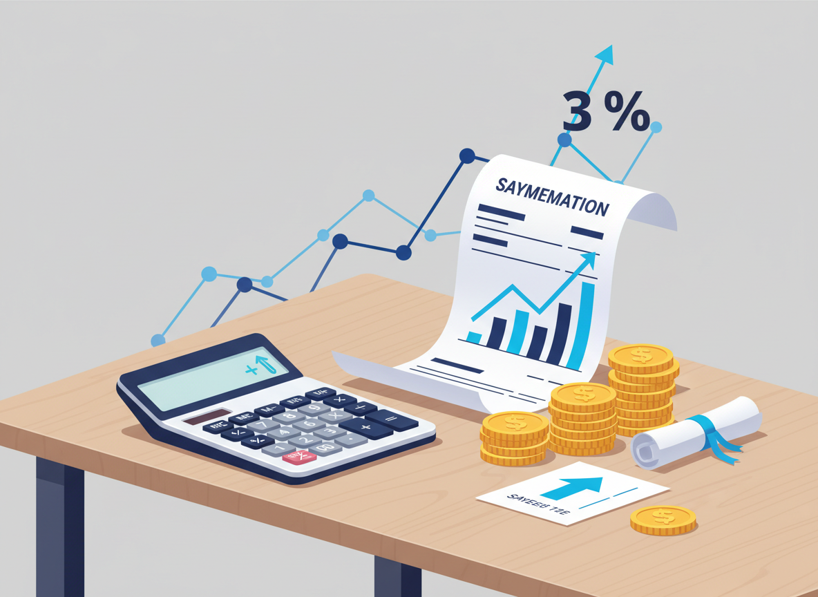 Salary raise calculation with calculator and upward pay growth visual