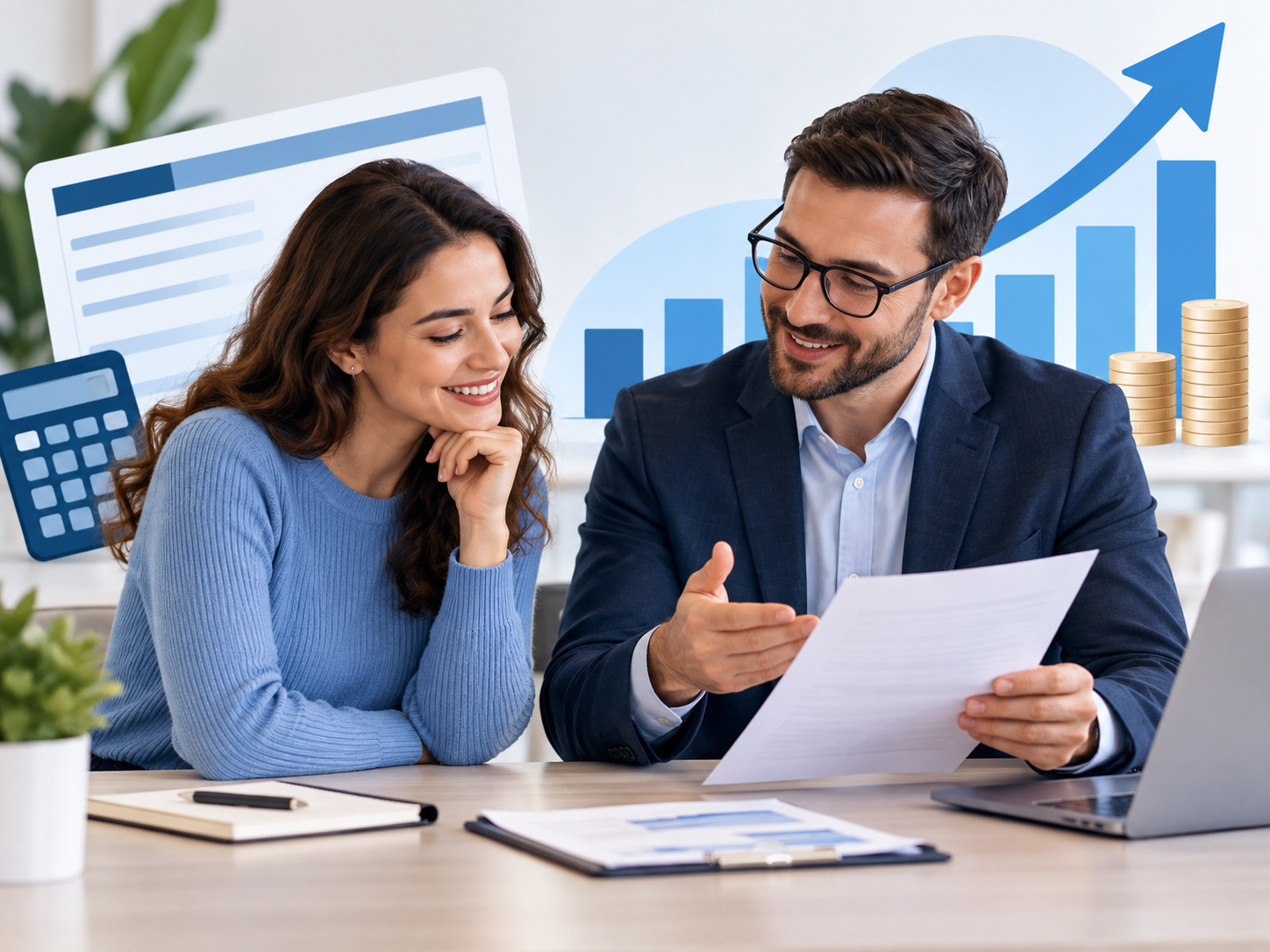 Employee reviewing a salary increase with upward pay growth chart