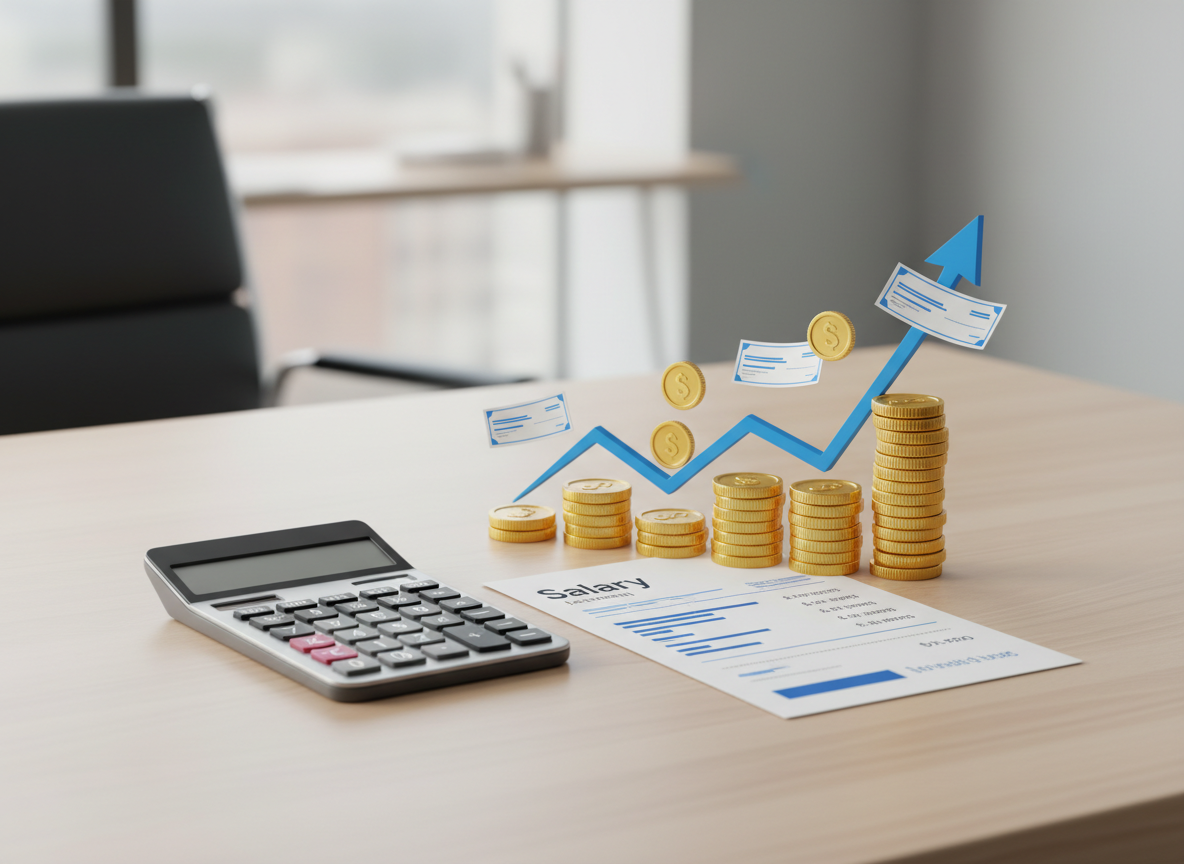 Salary raise calculation with calculator and upward pay growth visual