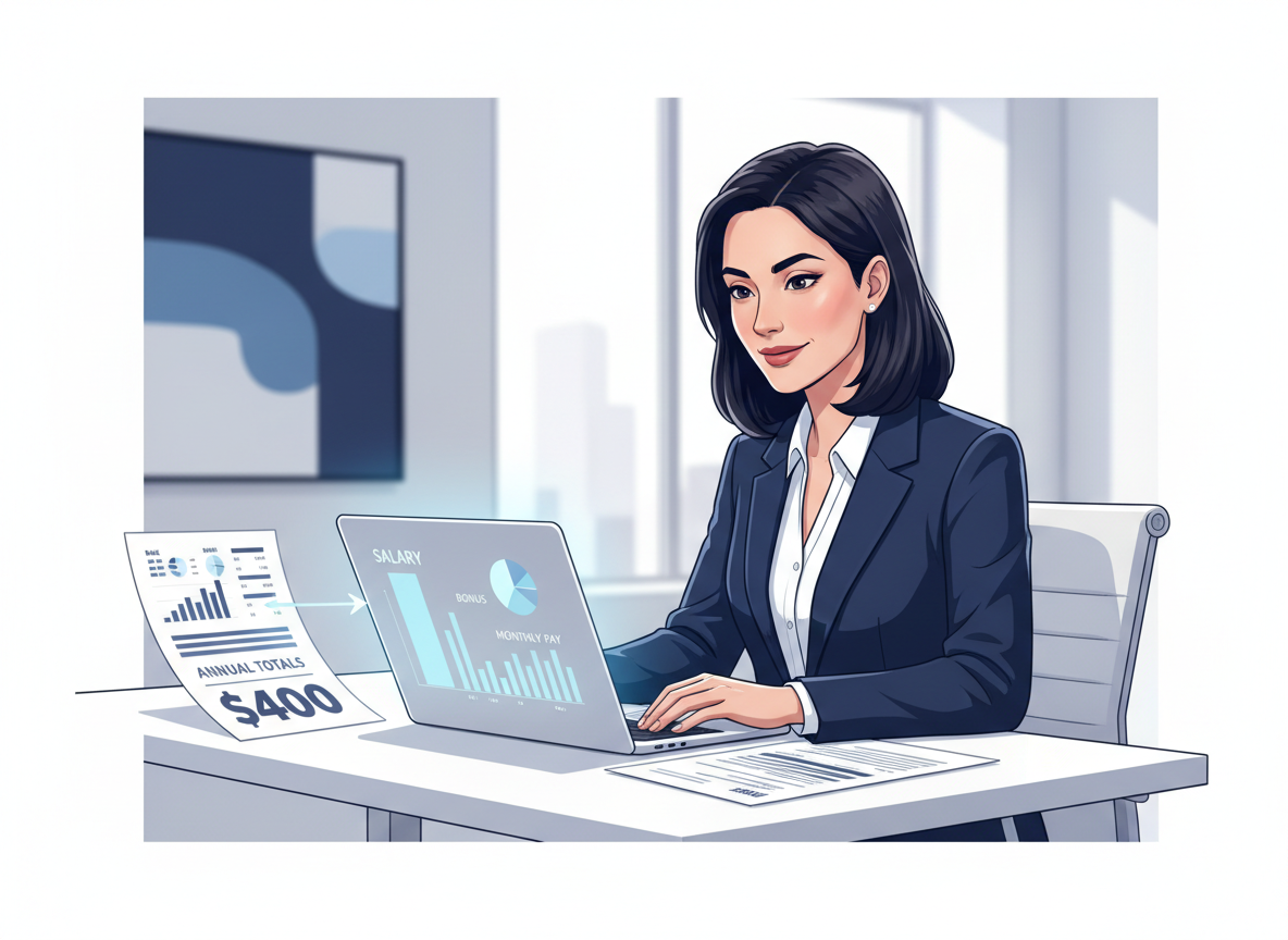 Professional reviewing annual income and yearly earnings figures