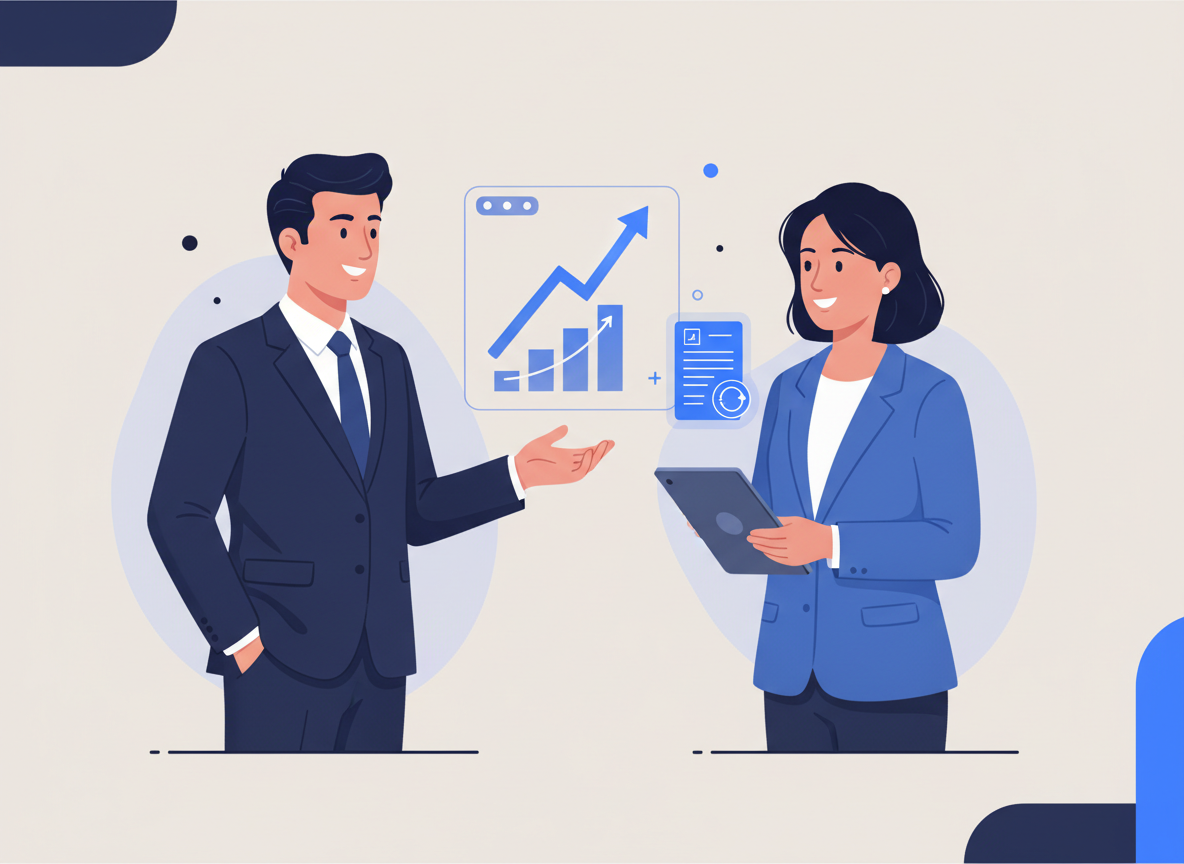Employee discussing a promotion salary increase with a manager and upward pay growth chart