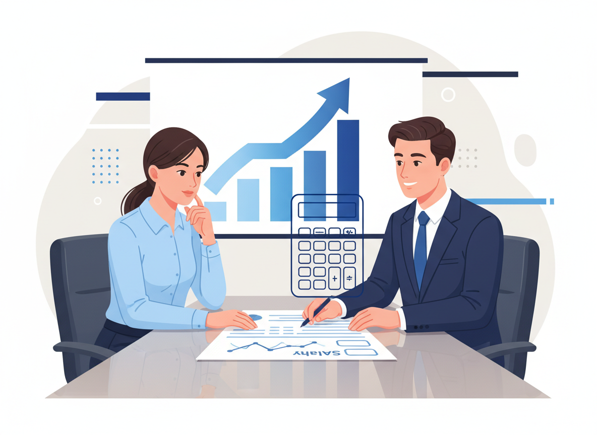Employee reviewing a salary increase with an upward pay growth chart