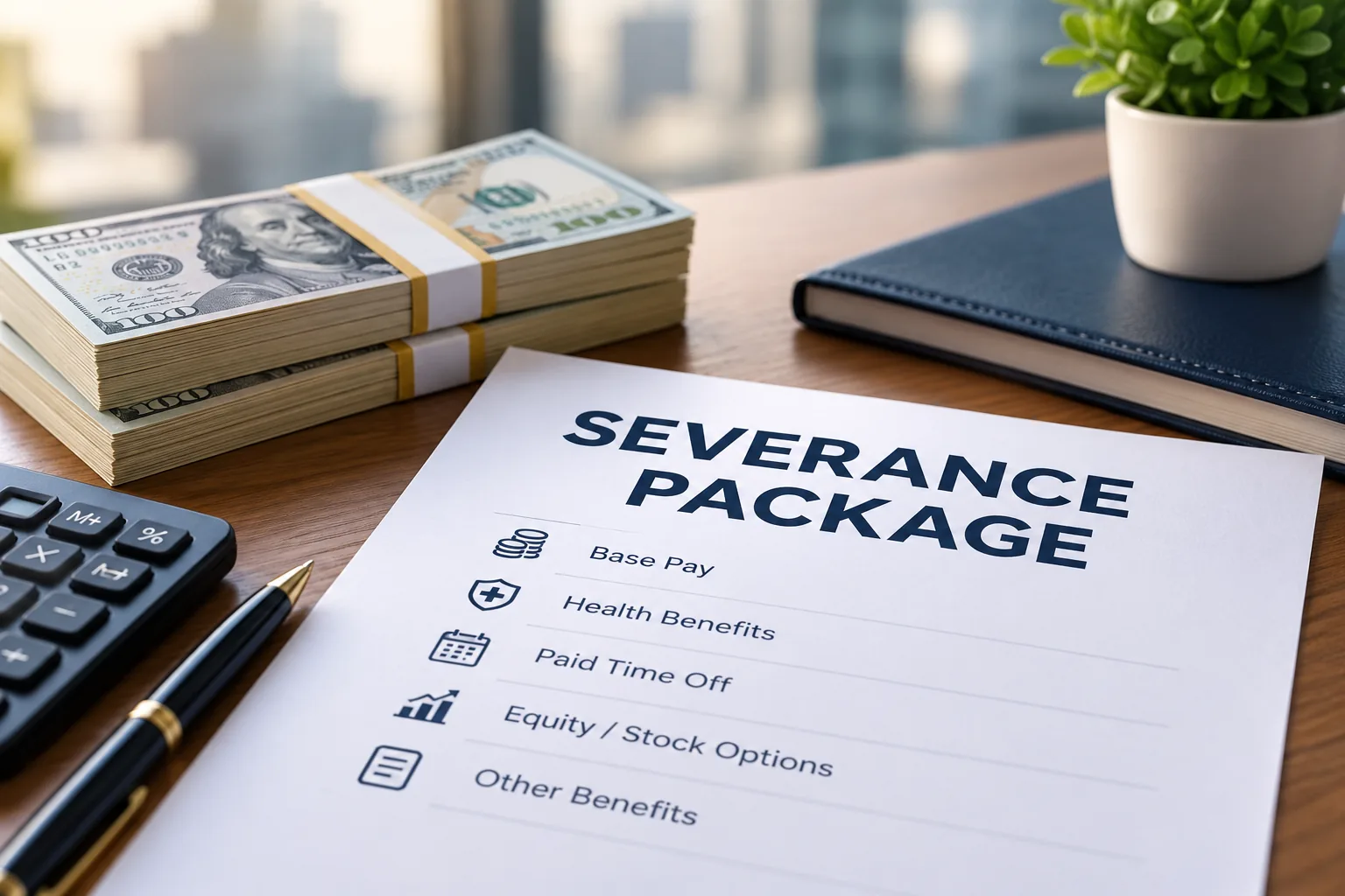 Average severance package illustration with severance document, calculator, benefits, and cash.