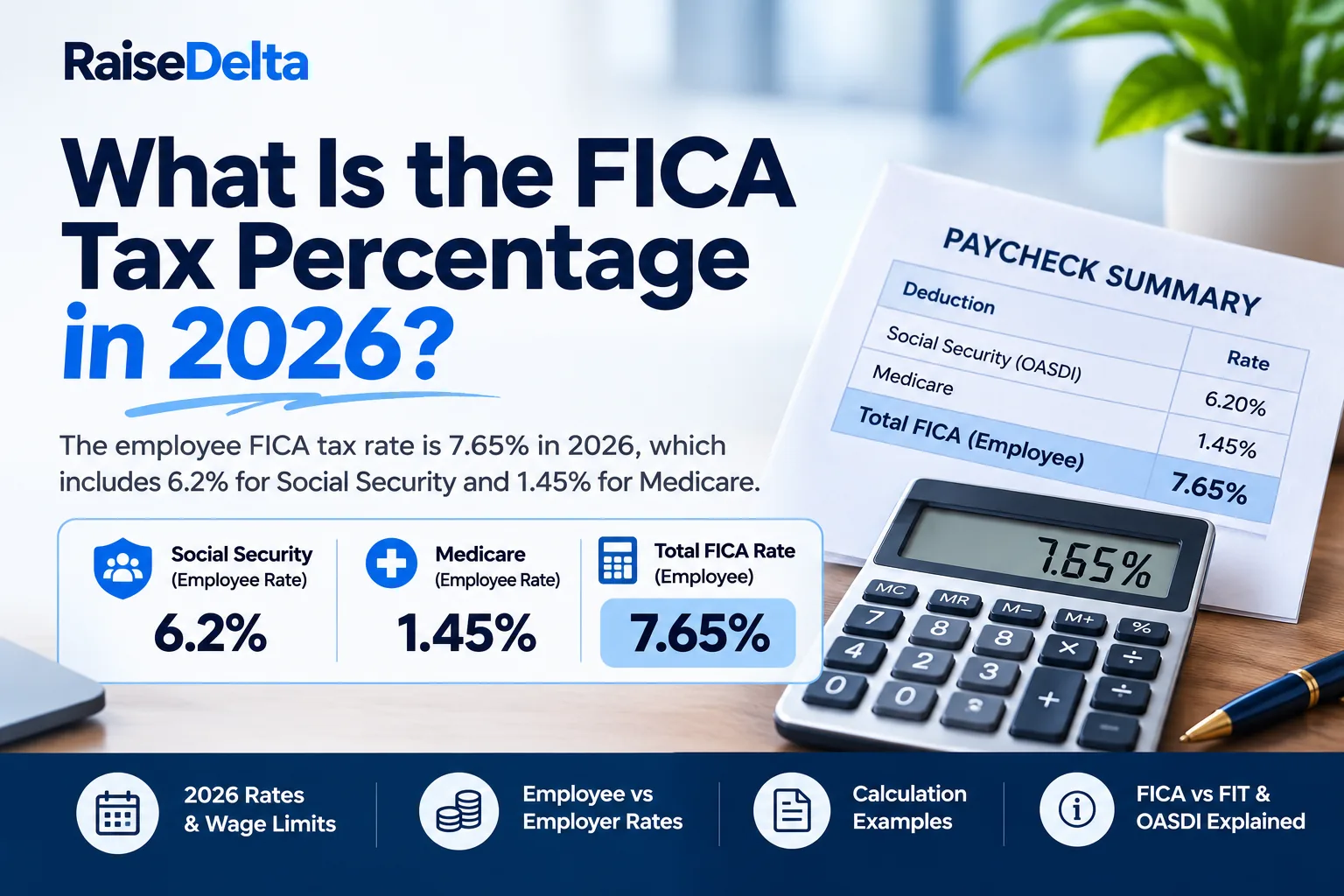 2026 FICA tax percentage showing 6.2% Social Security, 1.45% Medicare, and 7.65% total employee rate