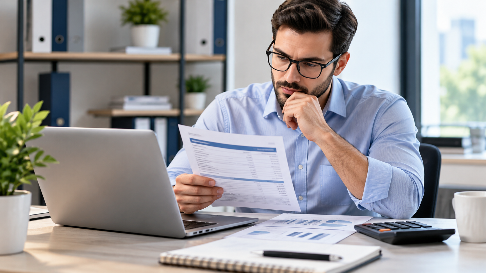 Salaried employee reviewing payroll and overtime pay calculations at a desk.