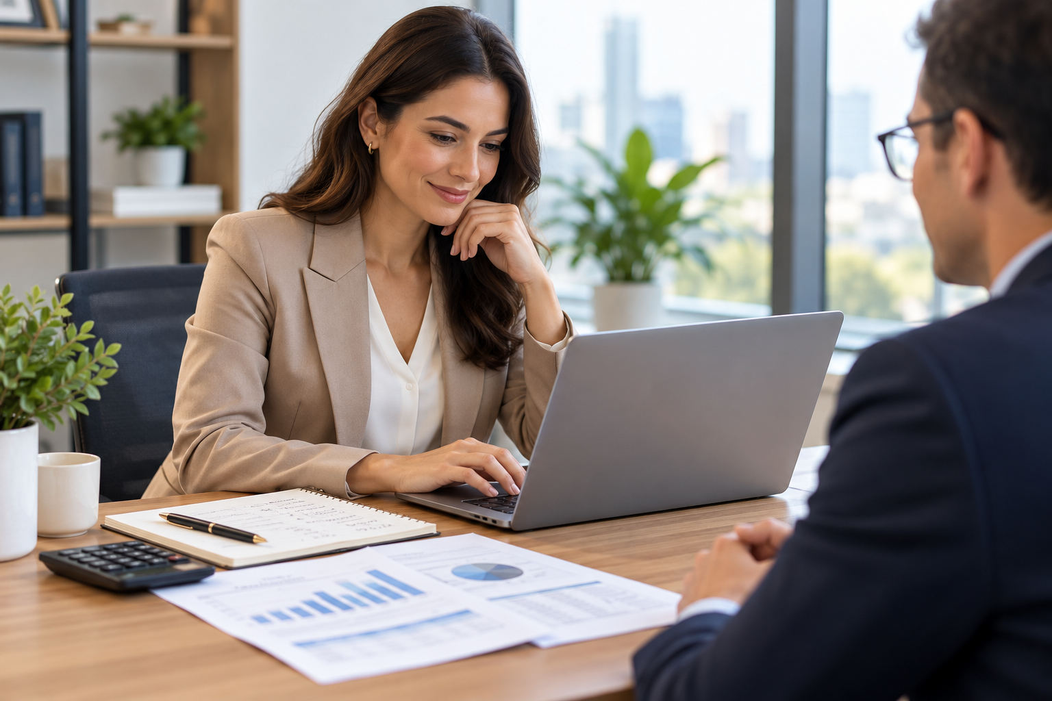 Professional salary negotiation via email meeting with laptop, calculator and compensation documents.